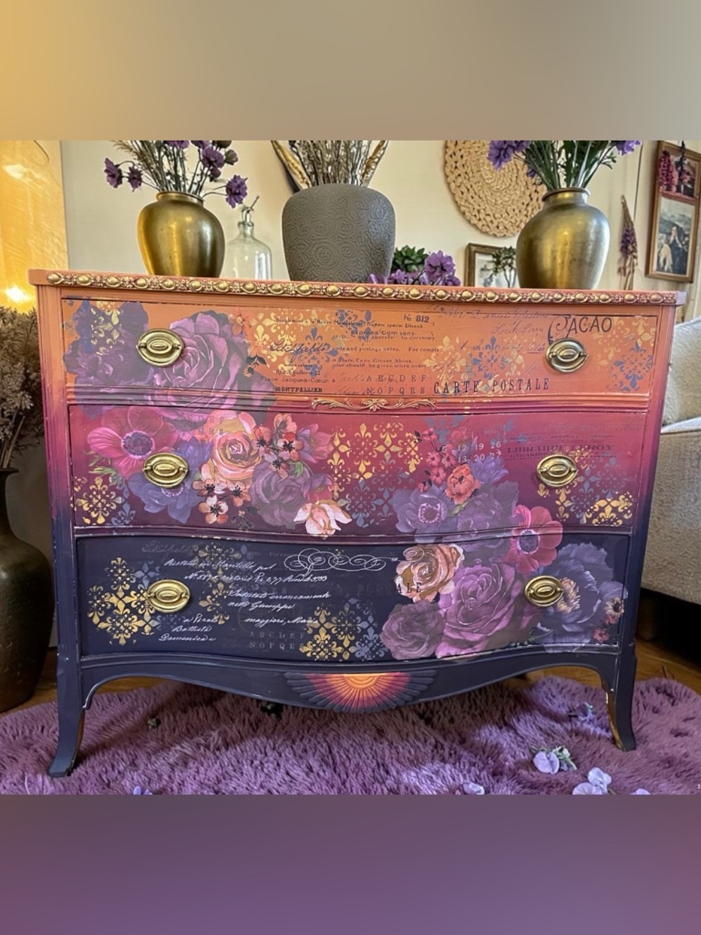 Decorative Floral Ombre Chest of Drawers in Purple and Orange